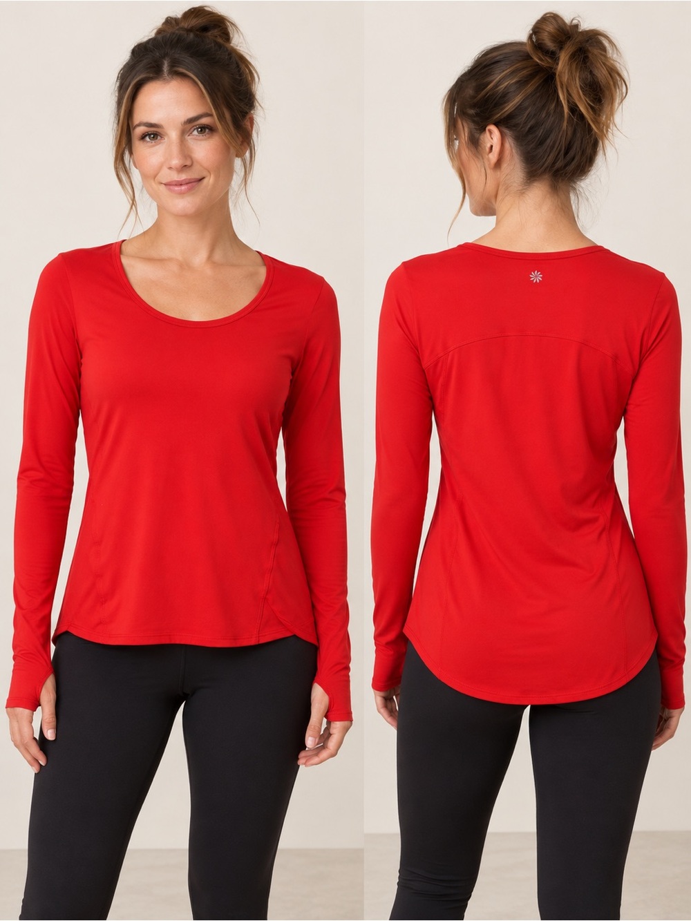 Athleta Red Long Sleeve Athletic Top Thumbholes Pockets Women’s Small